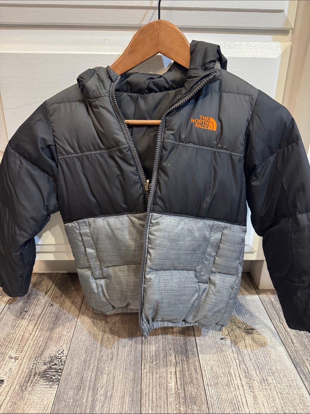 The North Face Kids Colorblock Black & Gray Hooded Puffer with Orange Logo